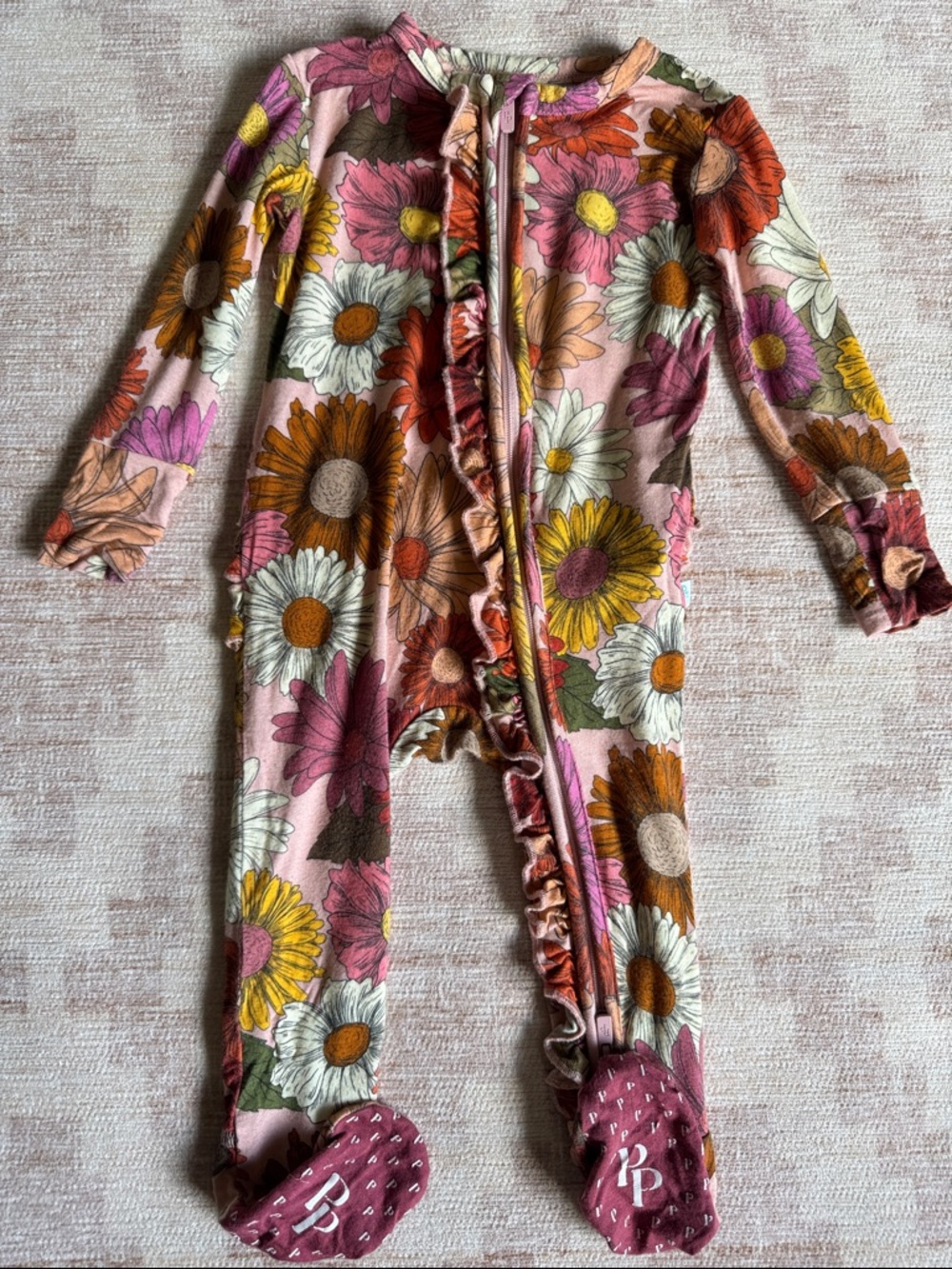 Posh Peanut Ruffle Zip Footie Pajamas Pink Multi Floral Infant size 3-6M